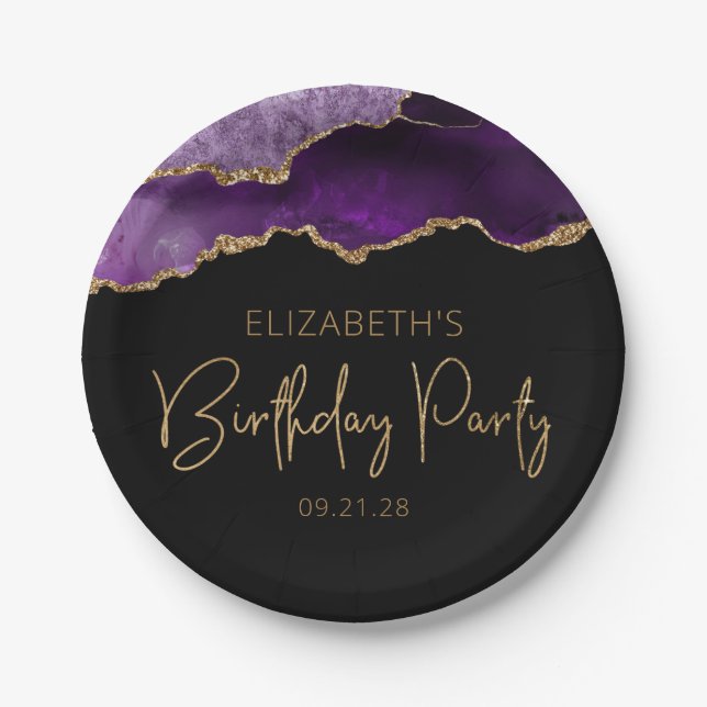 Chic Agate Purple Gold Any Year Birthday Party Paper Plates (Front)