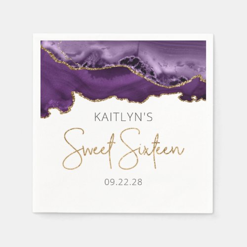 Chic Agate Purple Gold Sweet 16 Birthday Napkins