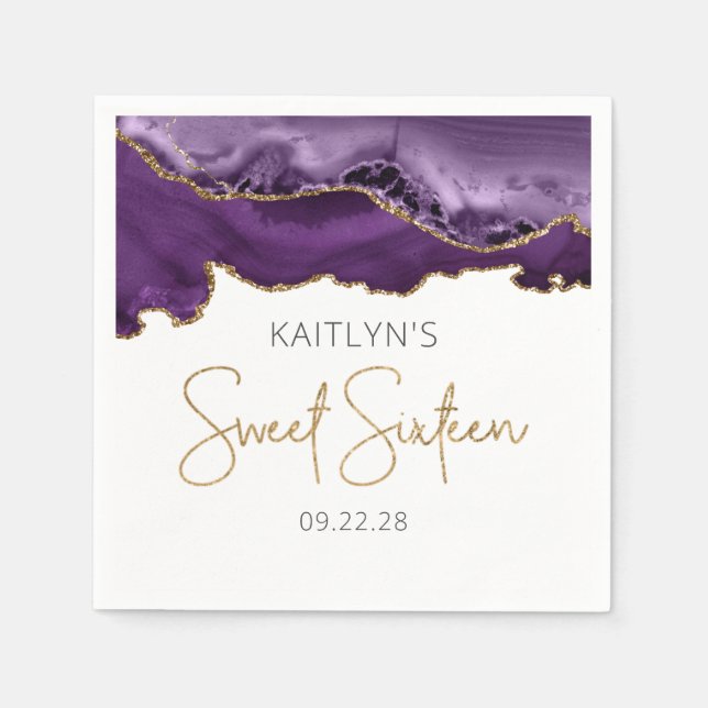 Chic Agate Purple Gold Sweet 16 Birthday Napkins (Front)