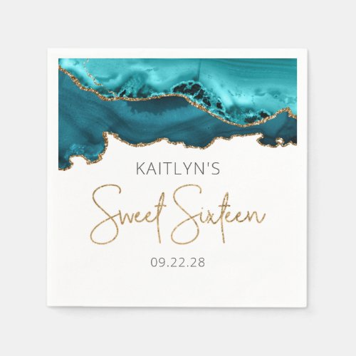 Chic Agate Teal Blue Gold Sweet 16 Birthday Napkins