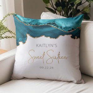 Chic Agate Teal Blue Gold Sweet 16 Birthday Throw Pillow