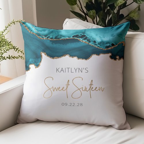 Chic Agate Teal Blue Gold Sweet 16 Birthday Throw Pillow