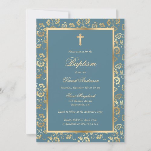 Chic Air Force Blue Gold Script Floral Boy Baptism Invitation