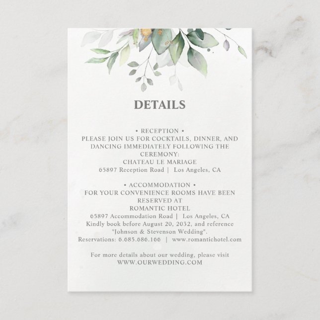 Chic airy greenery eucalyptus leaf gold wedding enclosure card (Front)