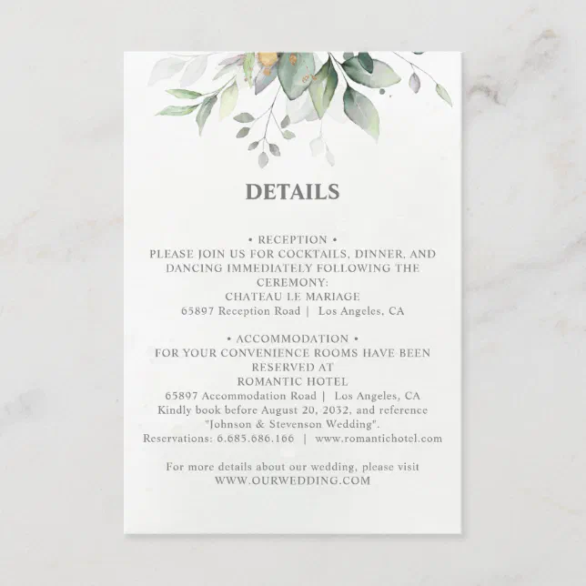 Chic airy greenery eucalyptus leaf gold wedding enclosure card | Zazzle