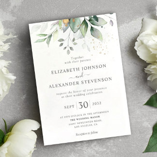 Chic airy greenery eucalyptus leaf gold wedding invitation