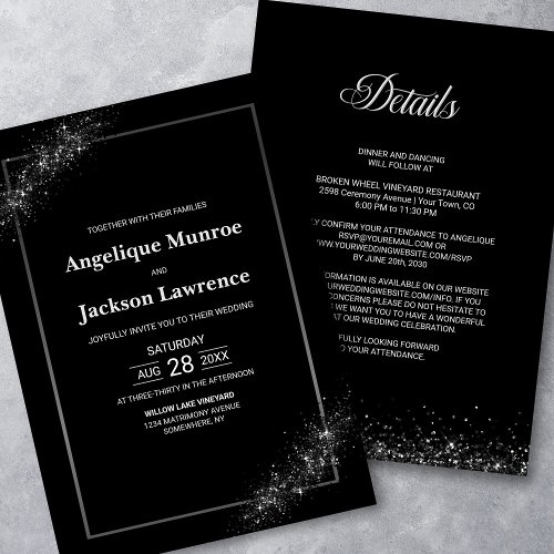 Chic All In One Black Glitter Wedding Invitation