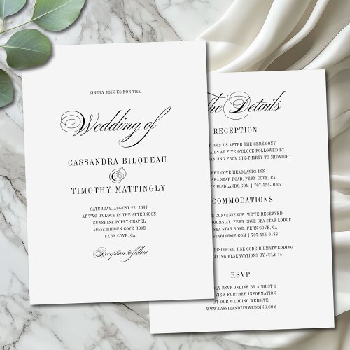 Chic All_In_One Black White Script Budget Wedding Invitation