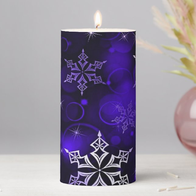 Chic Amethyst Purple Snowflake Motif Pillar Candle (In Situ)