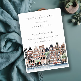 Chic Amsterdam Dutch Canal Watercolor Landscape Save The Date