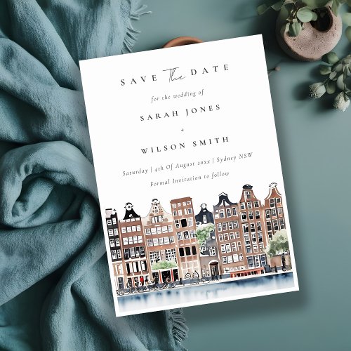 Chic Amsterdam Dutch Canal Watercolor Landscape Save The Date
