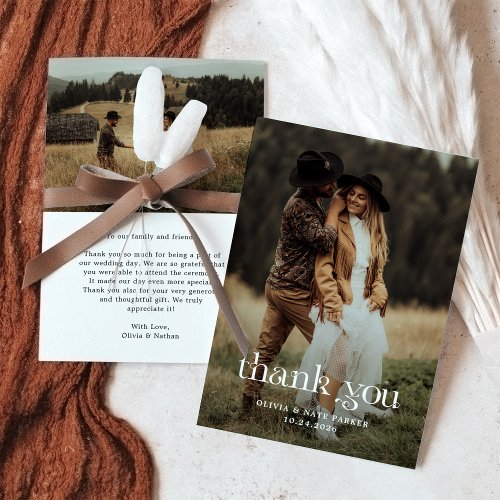 Chic and Beautiful Text  Classy Two Photo Wedding Thank You Card