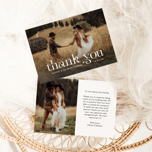 Chic and Beautiful Text  Classy Two Photo Wedding Thank You Card