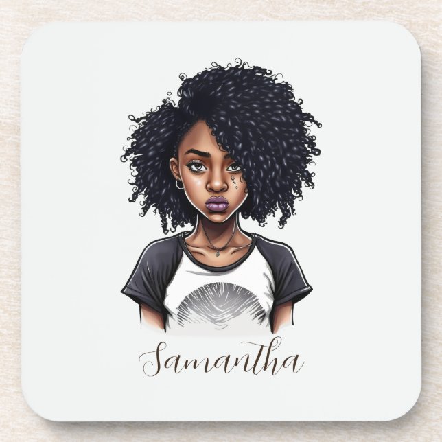 Chic and Classy Afro Woman Beverage Coaster (Front)