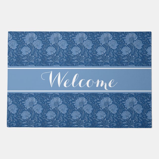 Chic and Cozy: Blue Floral  Doormat (Front)