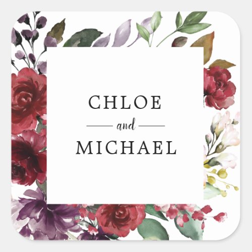 Chic and Elegant Custom Red Floral Wedding Square Sticker