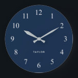 Chic and Elegant Dark Navy Blue and White Large Clock<br><div class="desc">This elegant, modern clock features white numerals on a dark, navy blue background with a spot to add your name.</div>