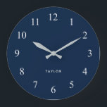 Chic and Elegant Dark Navy Blue and White Large Clock<br><div class="desc">This elegant, modern clock features white numerals on a dark, navy blue background with a spot to add your name.</div>