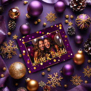 Chic and Festive Purple and Gold Confetti Photo Holiday Card