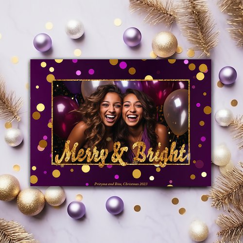 Chic and Festive Purple and Gold Confetti Photo  Holiday Card