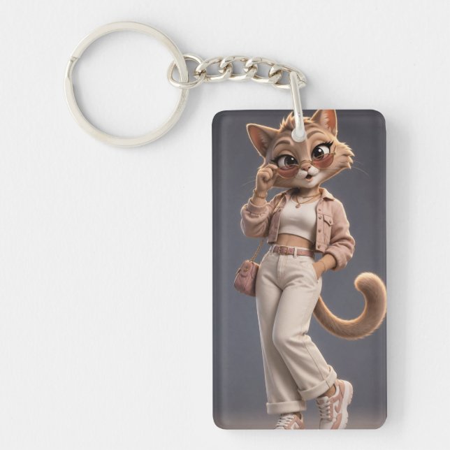 Chic and Stylish 3D Animated Cat Character Design  Keychain (Front)