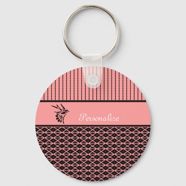 Chic and Stylish Pink and Brown Stripes With Name Keychain (Front)