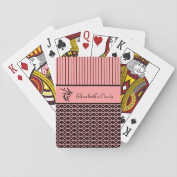 Chic And Stylish Pink And Brown Stripes With Name Playing Cards by PhotographyTKDesigns at Zazzle