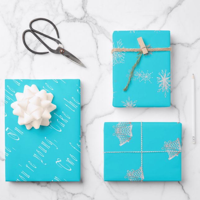 Chic and Stylish Turquoise Blue Christmas Script Wrapping Paper Sheets (Front)