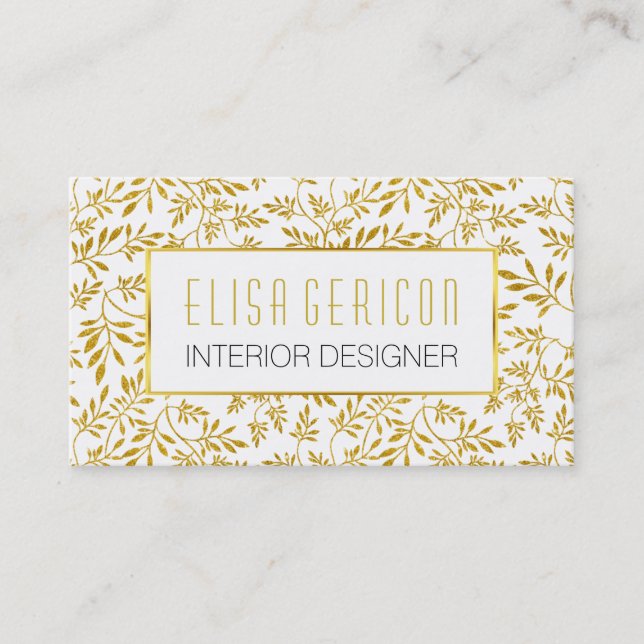 Chic and trendy gold glitter leaves floral pattern business card (Front)