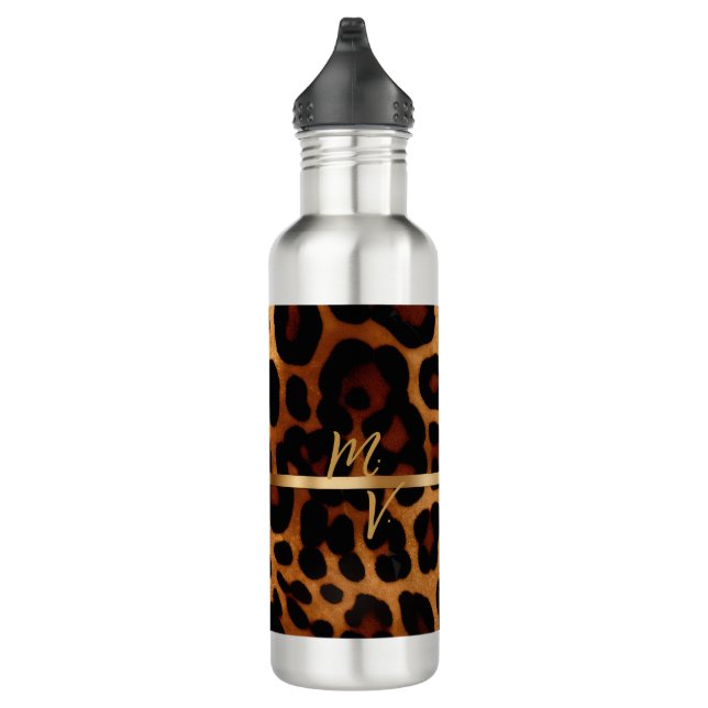 Chic and Trendy Monogrammed Leopard Print  Stainless Steel Water Bottle (Right)