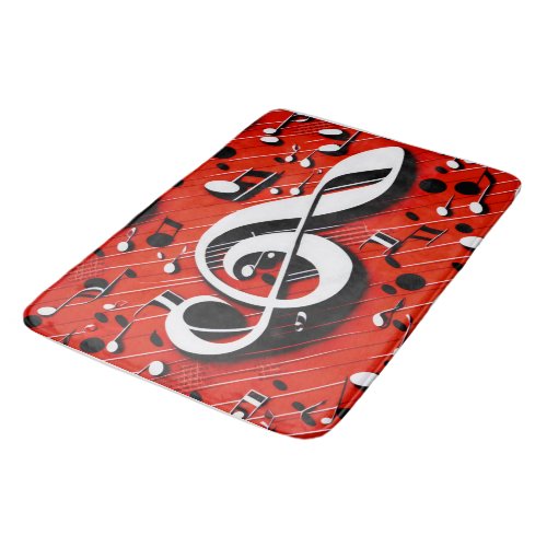 Chic and Trendy Red White and Black Clef Notes  Bath Mat