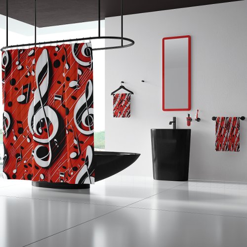Chic and Trendy Red White and Black Clef Notes  Shower Curtain