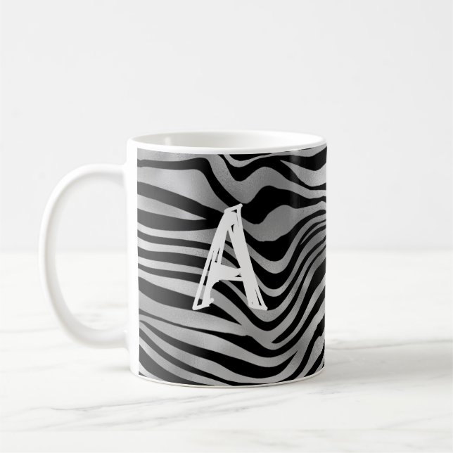 Chic Animal Print Black Gray Tiger Stripe Monogram Coffee Mug (Left)