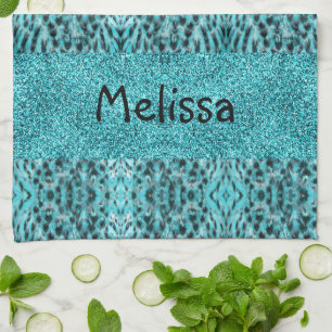 Chic animal print in blue - feathers and glitter kitchen towel