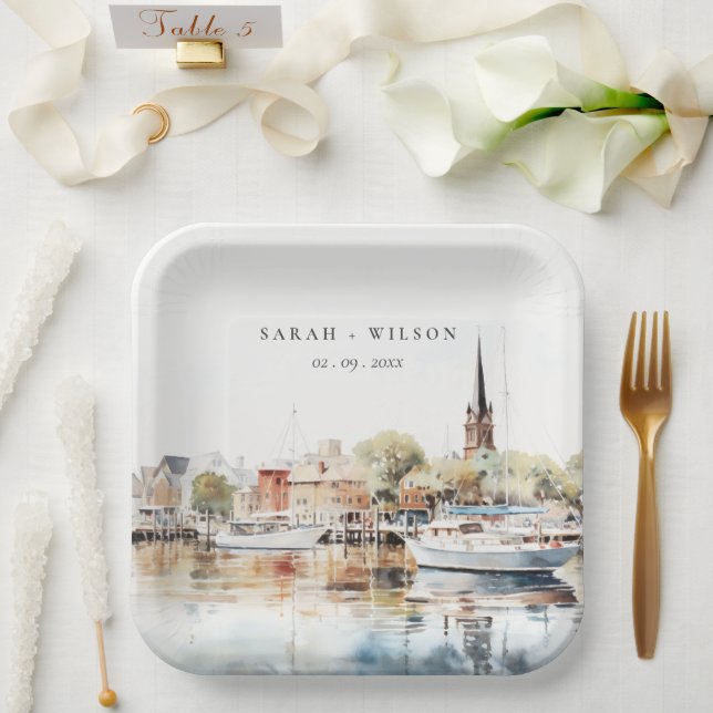 Chic Annapolis Maryland Watercolor Wedding Paper Plates (Wedding)