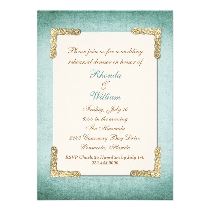 Chic Antique Aqua & Gold Wedding Rehearsal Dinner Personalized Invitations