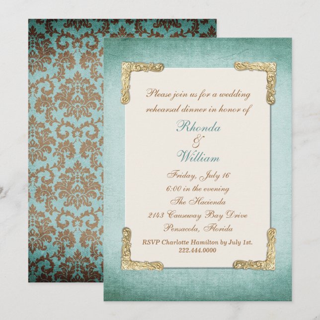 Chic Antique Aqua & Gold Wedding Rehearsal Dinner Invitation (Front/Back)