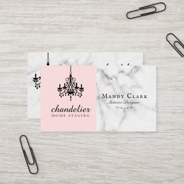 Chic Antique Black Chandelier Marble Business Card (Front/Back In Situ)
