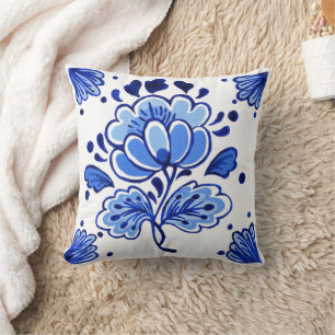 Chic Antique Dutch Delft Blue Flowers Pattern Throw Pillow