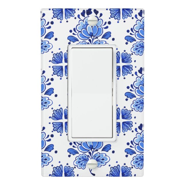 Chic Antique Dutch Delfts Blue Floral Pattern Light Switch Cover (In Situ)