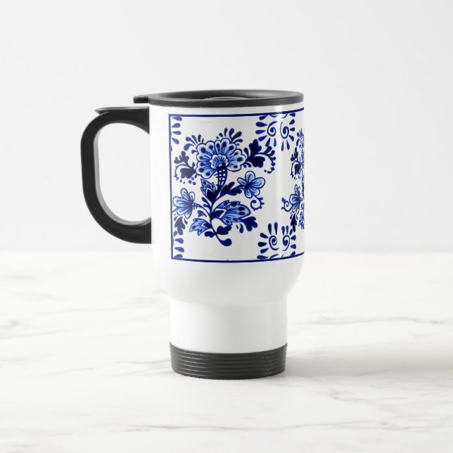 Chic Antique Dutch Delfts Blue Floral Pattern Travel Mug (Left)