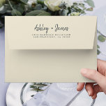 Chic Antique White Wedding Return Address Envelope<br><div class="desc">Chic, modern and simple wedding return address envelope with your names in off-black elegant handwritten script calligraphy on an antique white background. Simply add your names and address. Exclusively designed for you by Happy Dolphin Studio. This beautiful wedding envelope is part of the 'fall in love' wedding collection in our...</div>