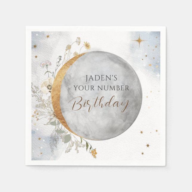 Chic Any Birthday Number, Celestial Moon and Stars Napkins (Front)