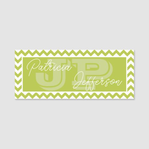 Chic Apple Green Chevron Pattern Elegant Monogram Name Tag