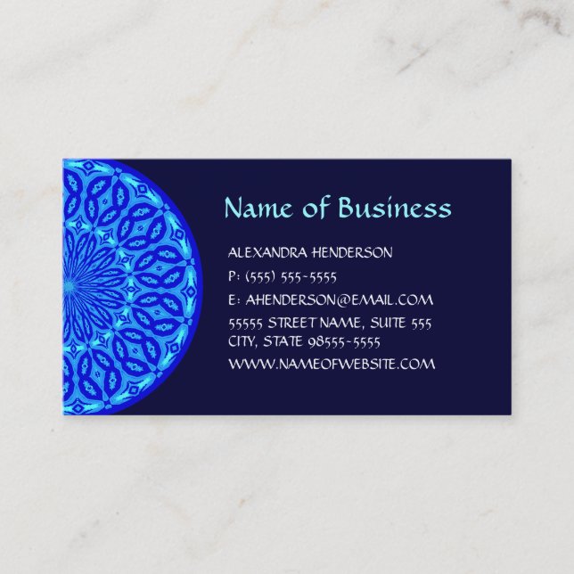 Chic Aqua and Blue Kaleidoscope Glow Mandala Business Card (Front)