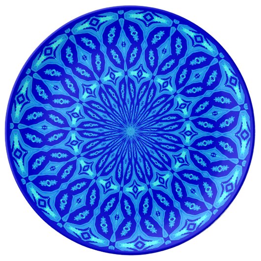 Chic Aqua and Blue Kaleidoscope Glow Mandala Dinner Plate (Front)