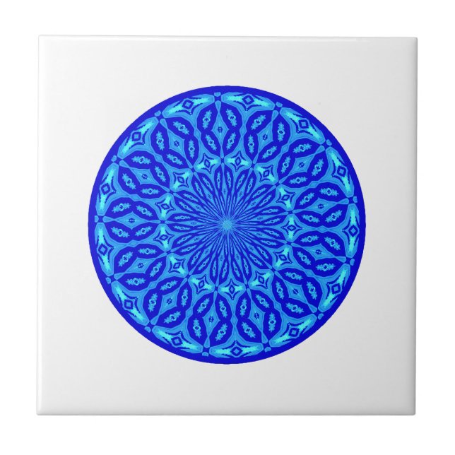Chic Aqua and Blue Kaleidoscope Glow Mandala Tile (Front)