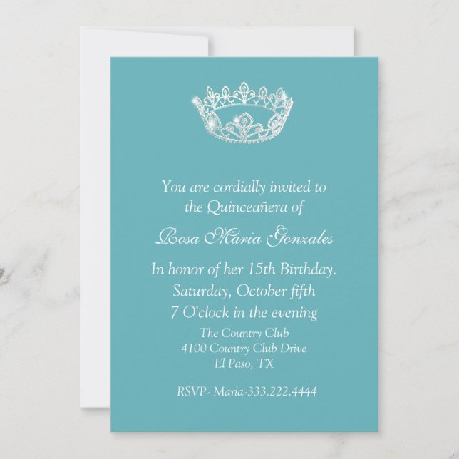 Chic Aqua Blue Crown Quinceañera Invitation (Front)