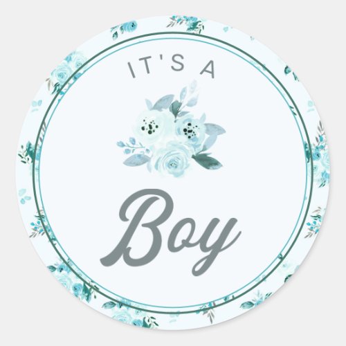 Chic Aqua  Blue Floral New Baby Its a Boy Favor Classic Round Sticker
