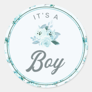 Chic Aqua & Blue Floral New Baby It's a Boy Favor Classic Round Sticker